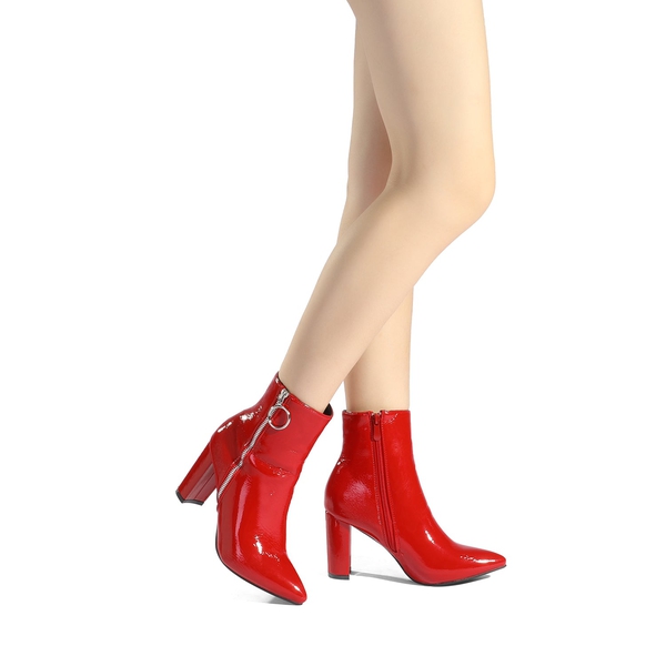 Chunky High Heel Ankle Boots - RED PAT - 1